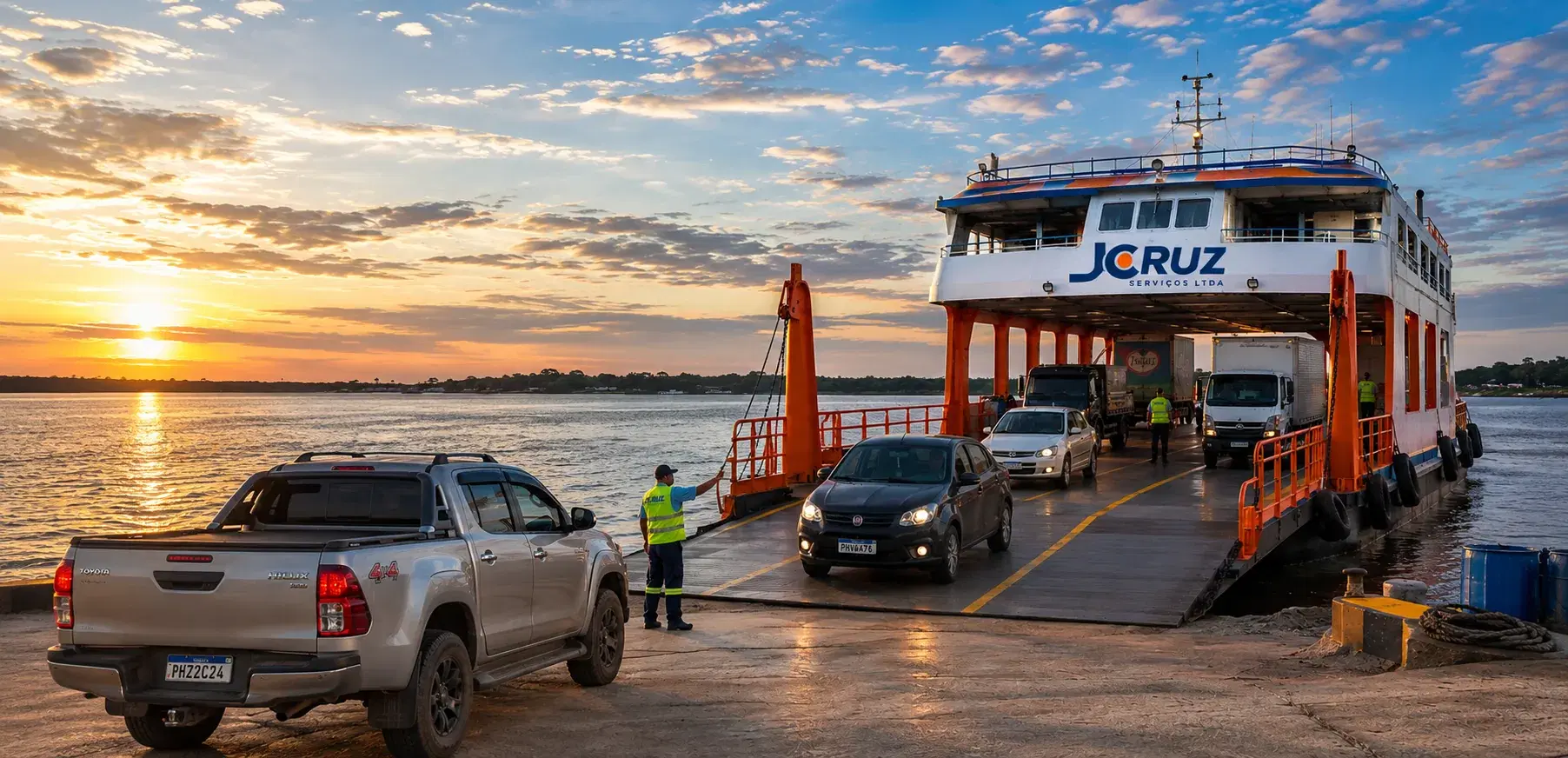 Balsa da J Cruz atracada ao entardecer, com veículos desembarcando pela rampa e equipe orientando a manobra